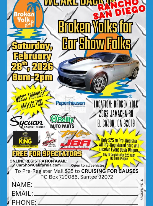 Broken Yolks Car Show flyer February 2026